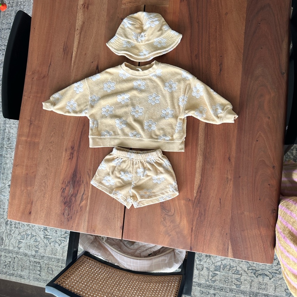 Yellow Knit Floral Set with Bucket Hat